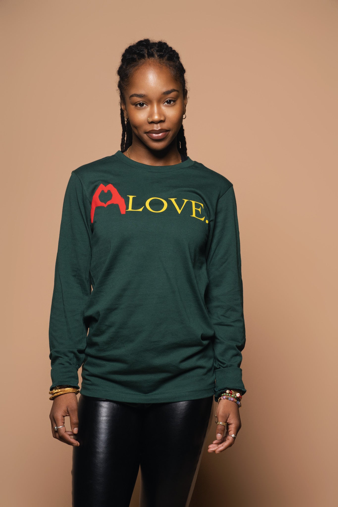 “LOVE LIVE LIFE” Long Sleeve Tee Forest Green/ Yellow/Red